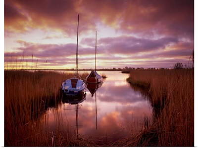 Sailboats At Sunset, Horsey Mere, Norfolk Broads National Park, Norfolk, England