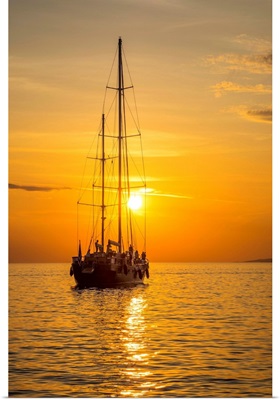 Sailing Boat At Sunset, Mykonos Town, Mykonos, Cyclade Islands, Greece
