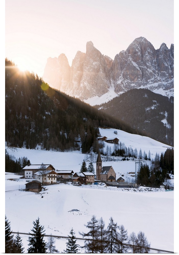 Sankt Magdalena in a winter sunrise in Funes valley, Odle Natural park in Trentino Alto Adige district, Italy, Bolzano pro...