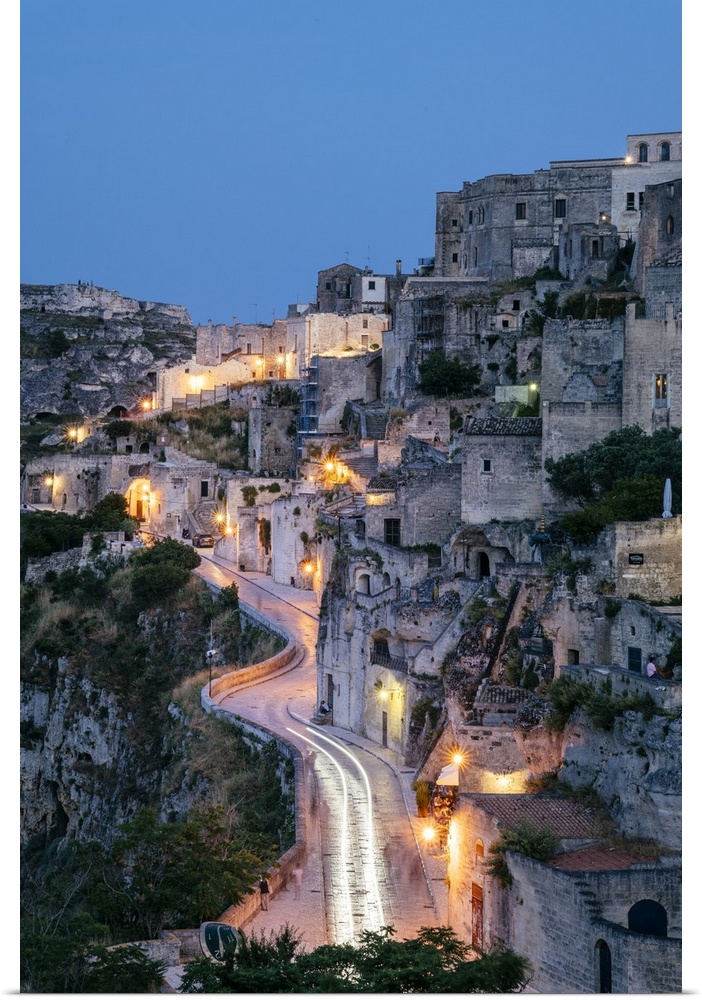 Matera, European Capital of Culture 2019. Old town listed as World Heritage by UNESCO, Sasso Barisano at night, Basilicata...