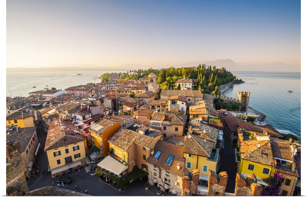 Sirmione, lake Garda, Brescia province, Lombardy, Italy. High angle view of the old town at sunset.