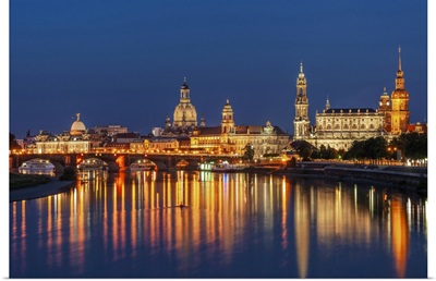 Skyline Of Dresden At Dusk With Bruehl's Terrace, Church Of Our Lady, Saxony, Germany