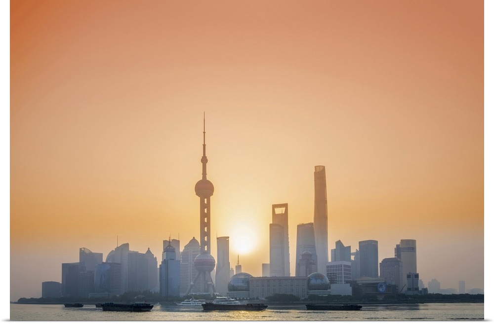 Asia, China, Shanghai municipality, Shanghai city, sunrise shot showing the skyline of Pudong, with the world finance towe...