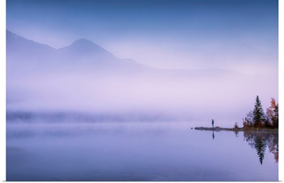 Solitary Person In Mist, Pyramid Lake, Jasper National Park, Alberta, Canada
