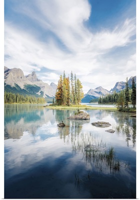 Spirit Island Trees And Reflection, Maligne Lake, Jasper, Canadian Rockies, Canada