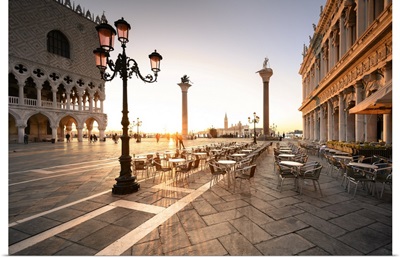 Sunrise In San Marco Square, With San Giorgio Church On The Background, Venice, Italy