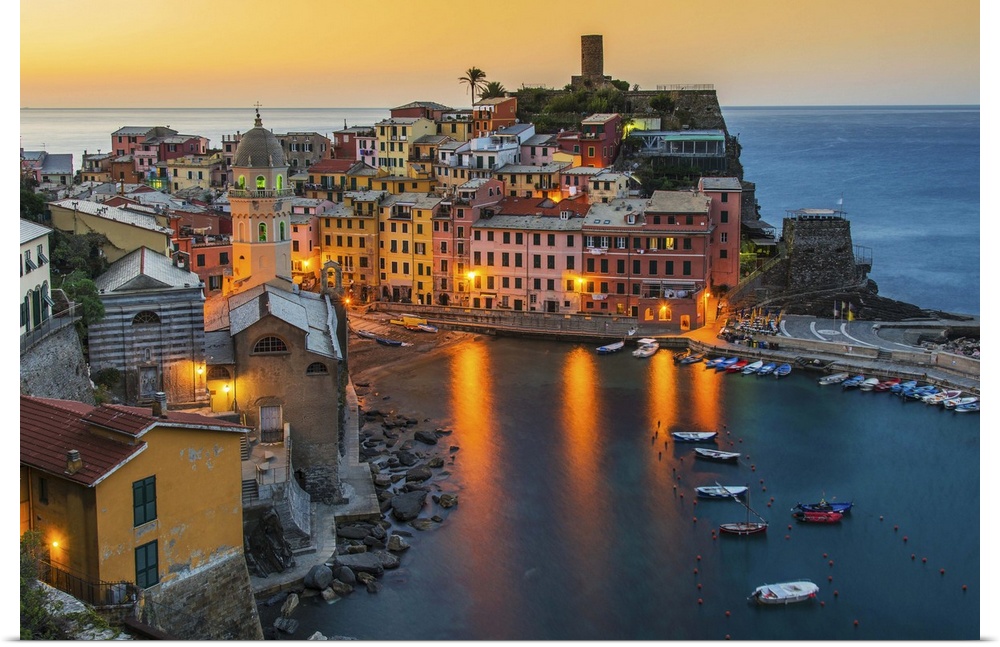 Top view at sunrise of the picturesque sea village of Vernazza, Cinque Terre, Liguria, Italy
