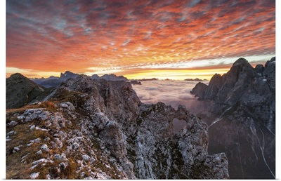 Sunrise over the ridges of the Pale of the Balconies, Pala group, Dolomites, Italy