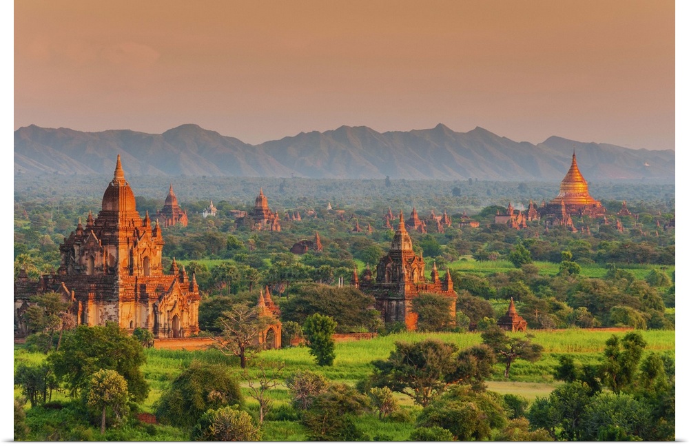 Panoramic view at sunset over the ancient temples and pagodas, Bagan, Myanmar or Burma