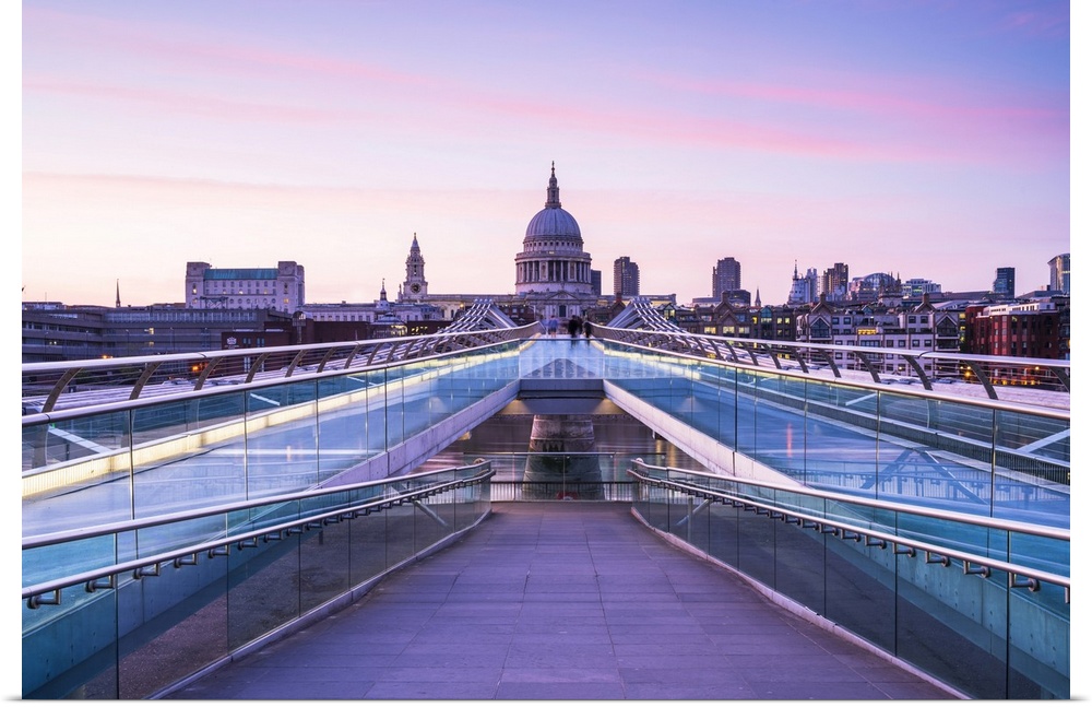 Sunset over the Millenium bridge and St Pauls Cathedral, London, England, UK