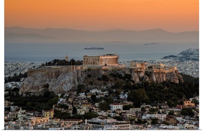 Sunset top view over Acropolis, Athens, Attica, Greece