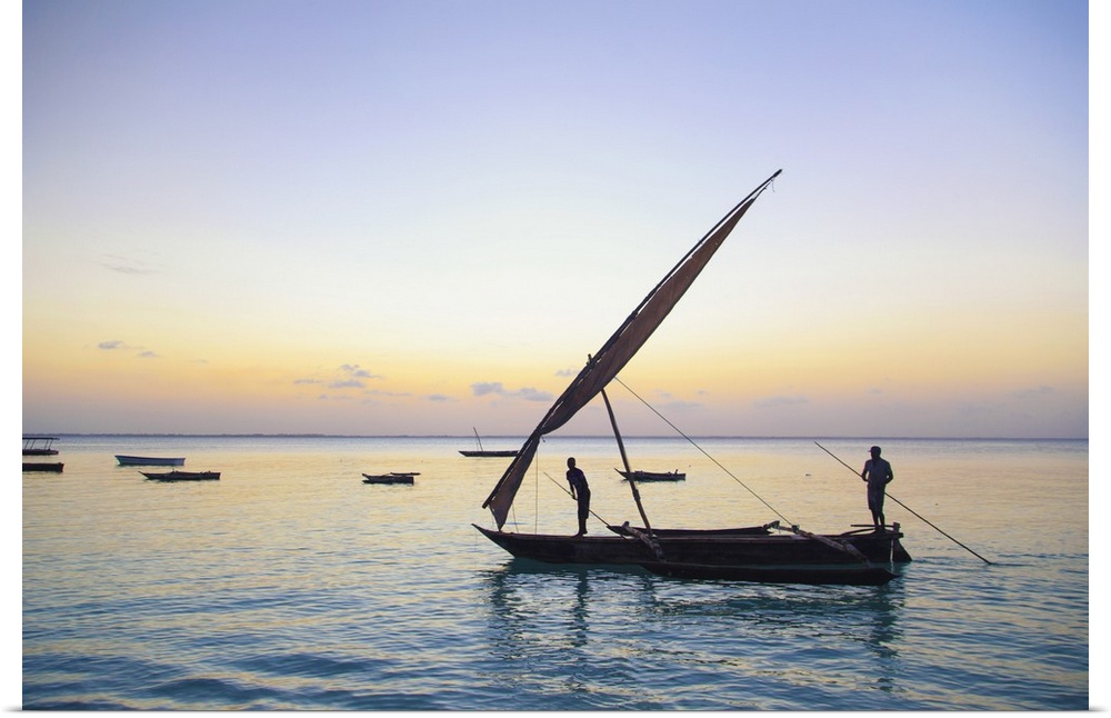 Tanzania. Zanzibar, Michamvi Village, Dhows (traditional sailboats) sailing at sunset