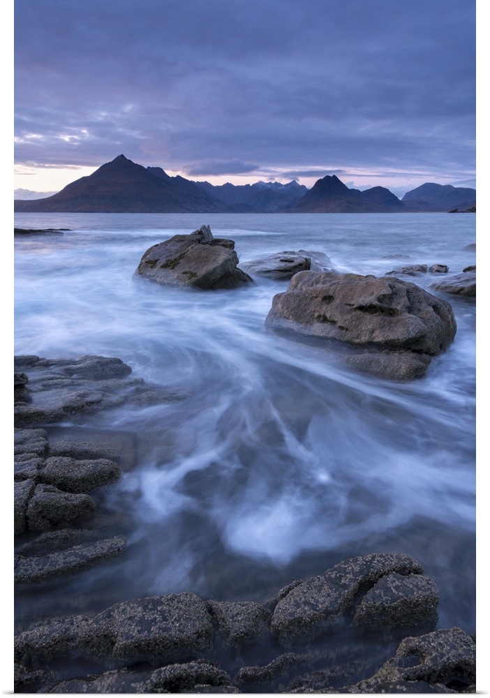 The Black Cuillin mountains from the rocky shores of Elgol, Isle of Skye, Scotland. Winter (December)