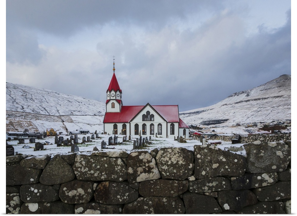 The church in Sandavagur covered by snow, Vagar, Faroe Islands