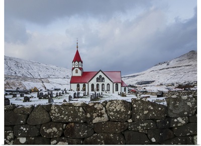 The Church In Sandavagur Covered By Snow, Vagar, Faroe Islands