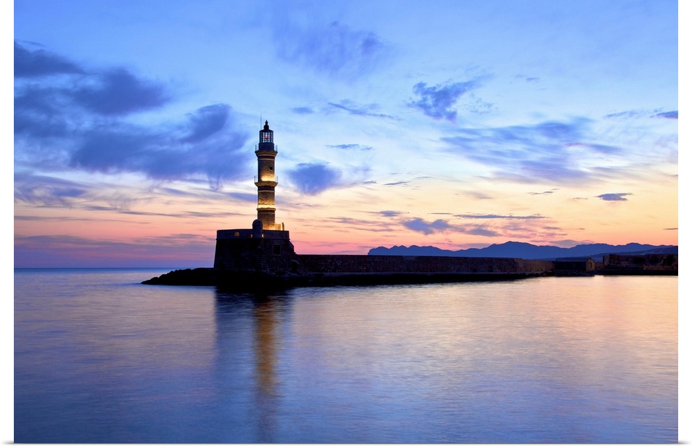 The Light House in The Venetian Harbour at Sunrise, Chania, Crete, Greek Islands, Greece, Europe