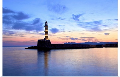 The Light House in The Venetian Harbour at Sunrise, Chania, Crete, Greek Islands, Greece