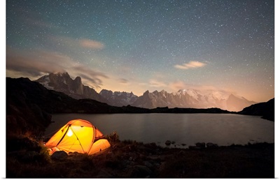 The Night In The Tent In Front Of Mont Blanc From Lac De Chesery, Haute Savoie, France