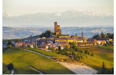 The Vineyards Of Serralunga d'Alba And Alps During Autumn Sunrise, Italy