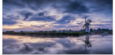Thurne Mill & Clouds Reflecting In River Thurne, Norfolk Broads, Norfolk, England
