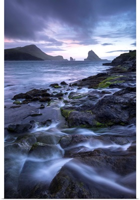 Tindholmur at sunset from Bour on the island of Vagar, Faroe Islands, Denmark.
