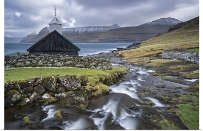 Traditional Faroese wooden turf roofed church in the village of Funningur