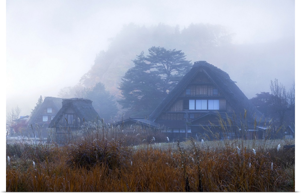 Traditional houses of Ogimachi (UNESCO World Heritage Site) in mist, Shirakawa-go, Toyama Prefecture, Japan