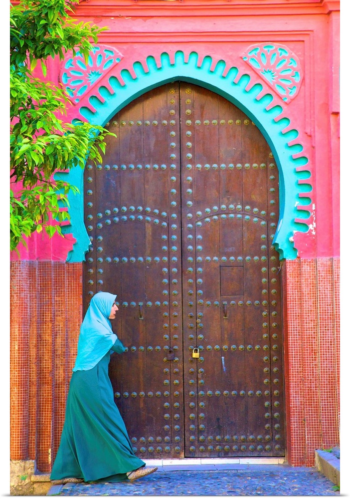 Person Walikng Infront Of Traditional Moroccan Decorative Door, Tangier, Morocco, North Africa.