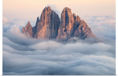 Tre Cime Di Lavaredo Emerging From The Clouds, Sexten Dolomites, Italy