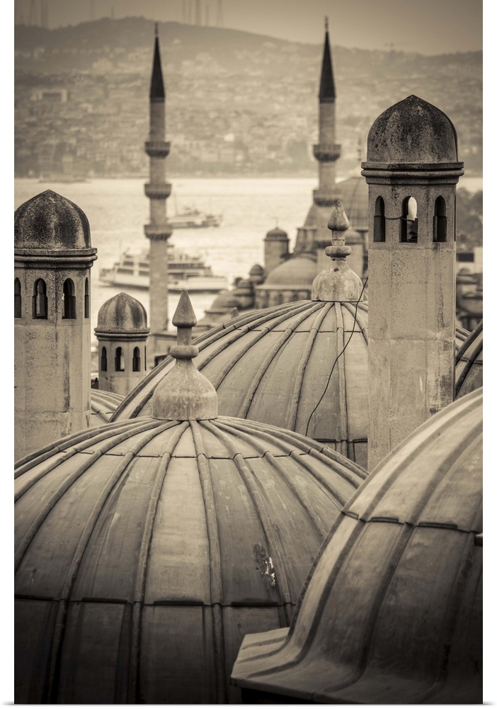 Turkey, Istanbul, Sultanahmet, domes of the Suleymaniye Mosque (Suleymaniye Camii) complex with New Mosque (Yeni Camii) be...