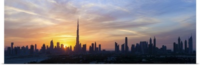 United Arab Emirates, Dubai skyline silhouetted