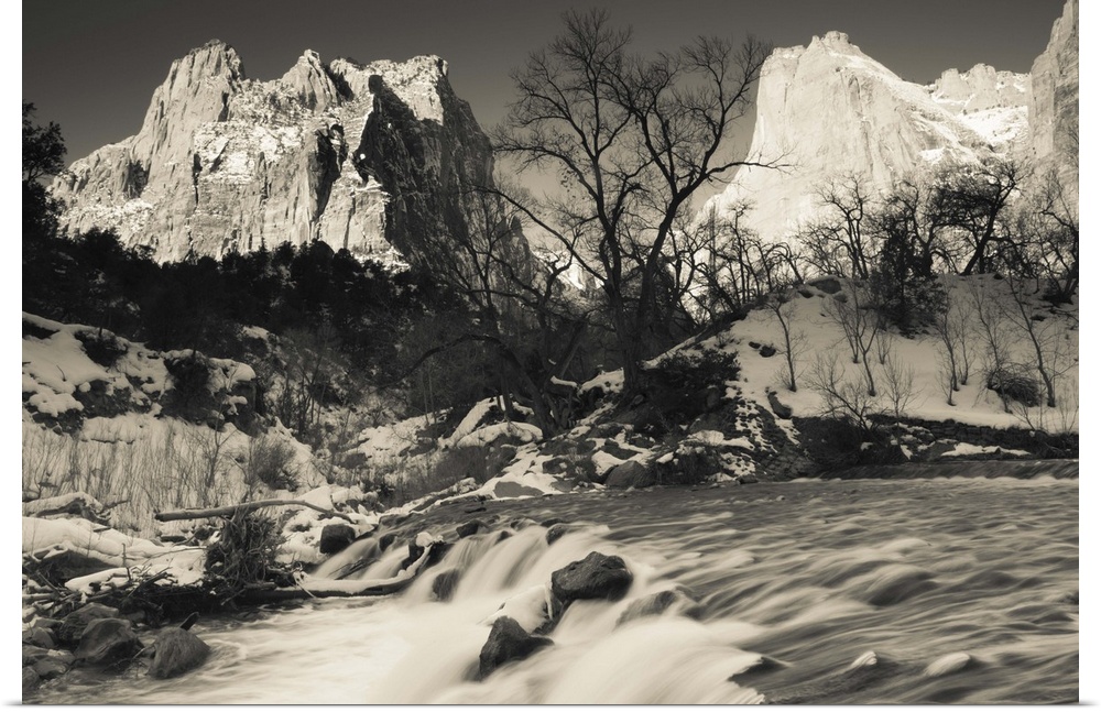 USA, Utah, Zion National Park, Mountain Sunrise by the North Fork Virgin River. winter