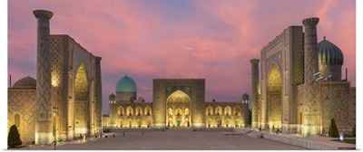 Uzbekistan, Samarkand, Registan Square Illuminated At Sunset