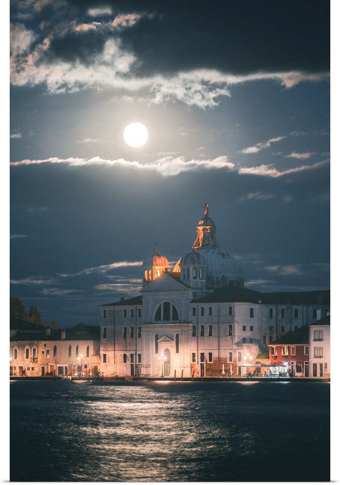 Venice, Veneto, Italy. Santa Maria della Presentazione church and Giudecca skyline at night.