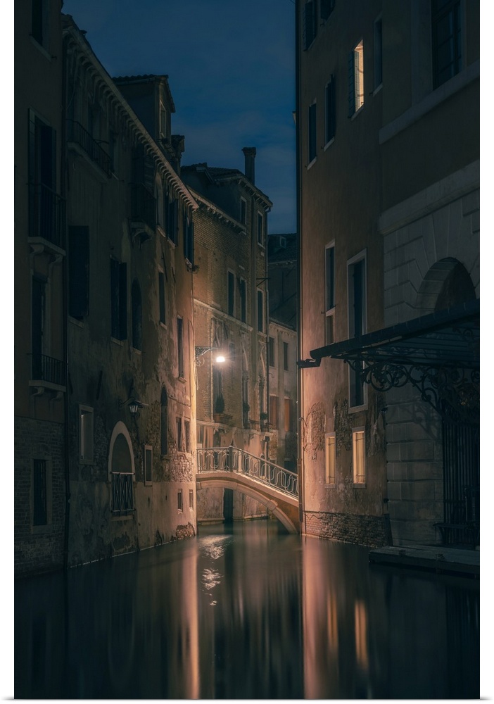 Venice, Veneto, Italy, Backstreet canals in San Marco at night.