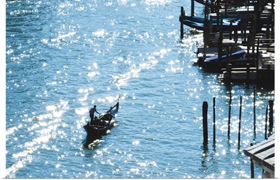 Venice, Veneto, Italy, Gondola Rowing Along The Canal Grande