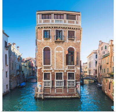 Venice, Veneto, Italy. Palace On A Narrow Canal.