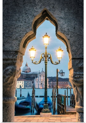 Venice, Veneto, Italy. St Mark's Waterfront And San Giorgio Maggiore At Dusk.