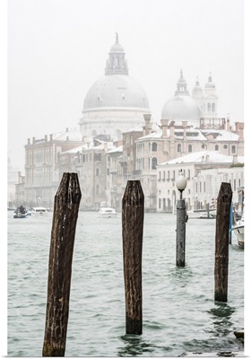 Venice, Veneto, Italy. St Mary Of Health Basilica Under A Snowfall.