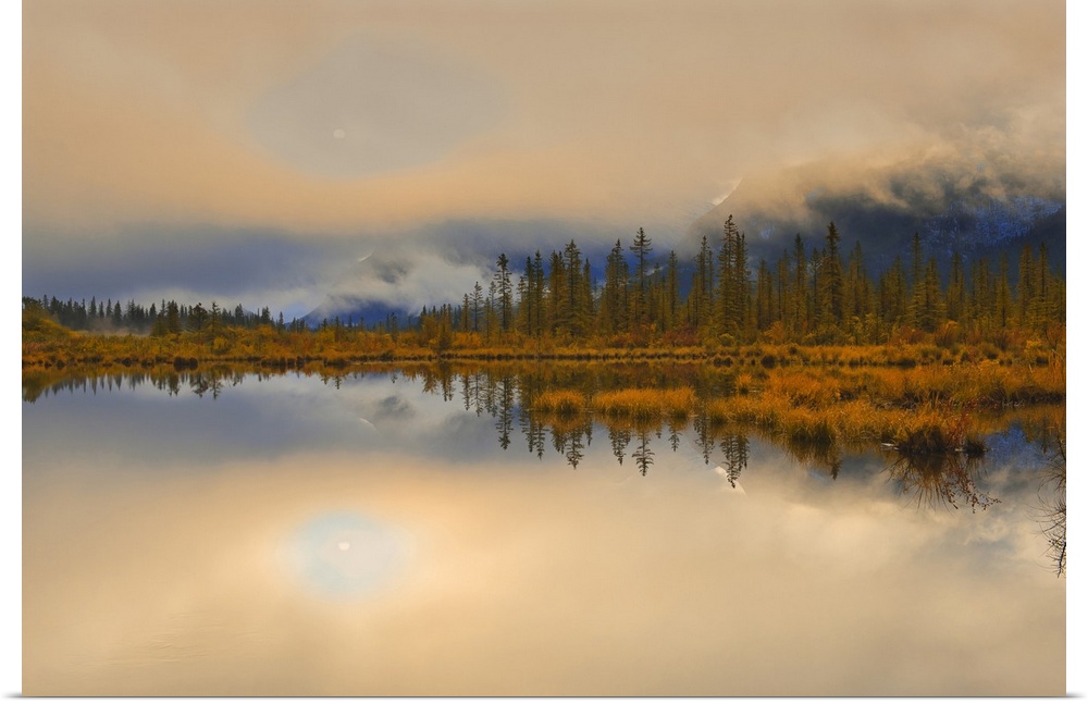 Vermillion Lakes shrouded in fog at sunrise, Banff National Park, Alberta, Canada