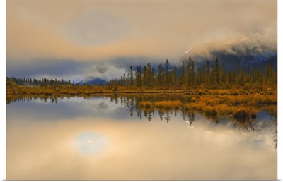 Vermillion Lakes Shrouded In Fog At Sunrise, Banff National Park, Alberta, Canada