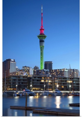 Viaduct Harbour and Sky Tower at dusk, Auckland, North Island, New Zealand