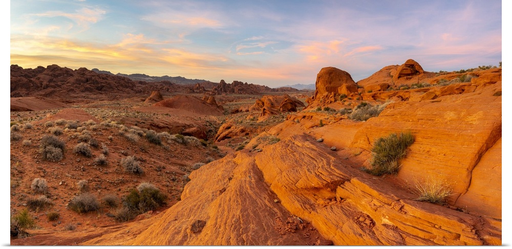 Panoramic view of red rocks at White Domes area before sunset, Valley of Fire State Park, Nevada, Western United States, USA