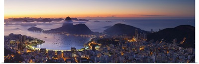 View of Sugarloaf Mountain and Botafogo Bay at dawn, Rio de Janeiro, Brazil