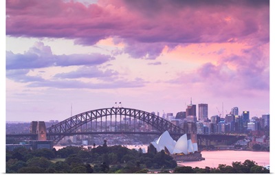 View Of Sydney Harbour Bridge And Sydney Opera House At Sunset, Sydney, Australia