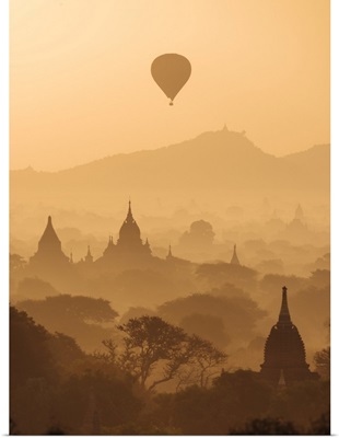 View Of Temples And Hot Air Balloons At Dawn, Bagan, Mandalay Region, Myanmar