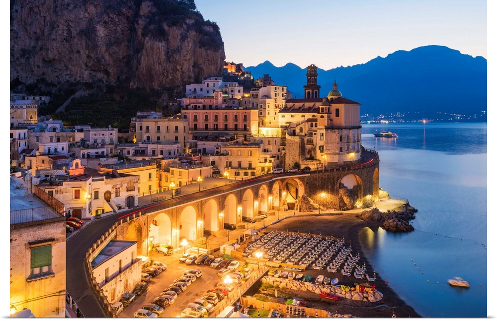 Atrani, Amalfi Coast, Salerno Province, Campania, Italy-View Of The Small Village Of Atrani During The Blue Hour.