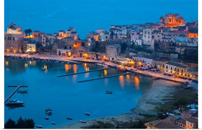 View over harbour at dusk, Castellammare del Golfo, Sicily, Italy