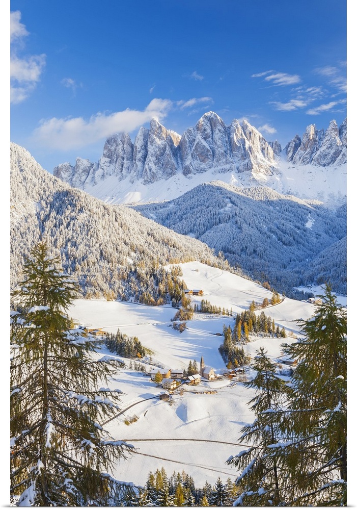 Winter snow; St. Magdalena village; Geisler Spitzen (3060m); Val di Funes; Dolomites mountains; Trentino-Alto Adige; South...