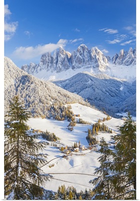 Winter snow, St. Magdalena village, Geisler Spitzen, South Tirol, Italy